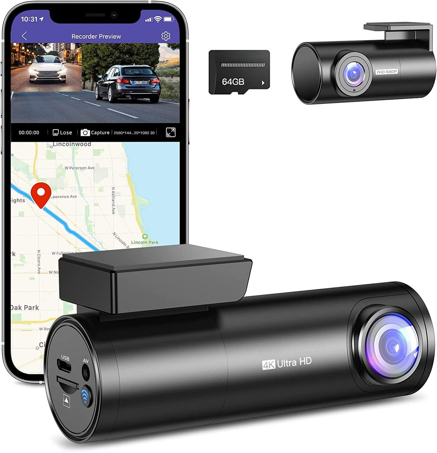 Dual Channel Dashcam - 4K UHD Front + Full HD 1080P Rear