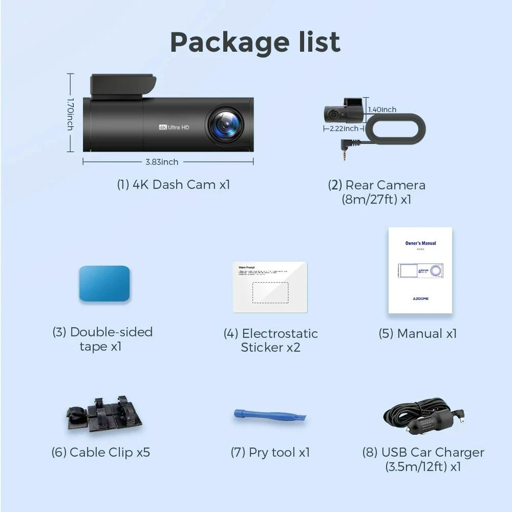 Dual Channel Dashcam - 4K UHD Front + Full HD 1080P Rear