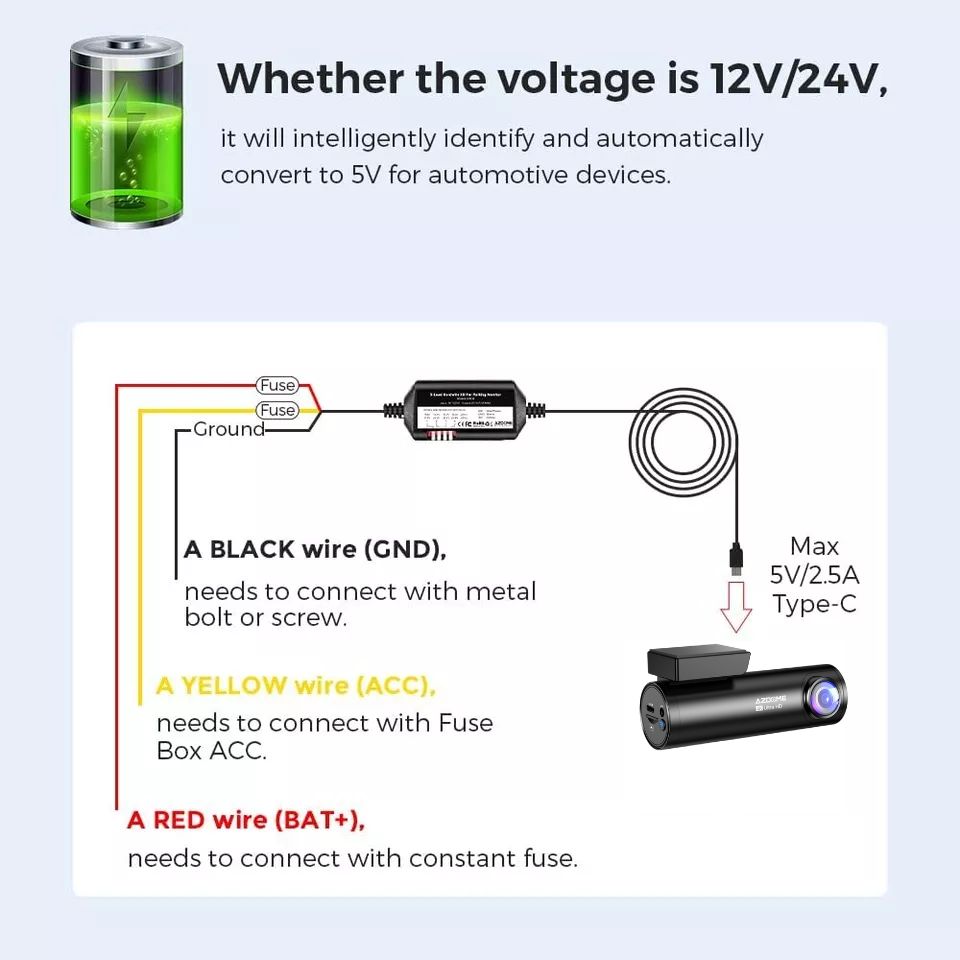 3-Lead Hardwire Kit for 4K Dual Dash Cam Set
